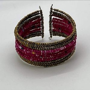 Handmade gold & Rasberry pink beaded boho adjustable cuff bracelet